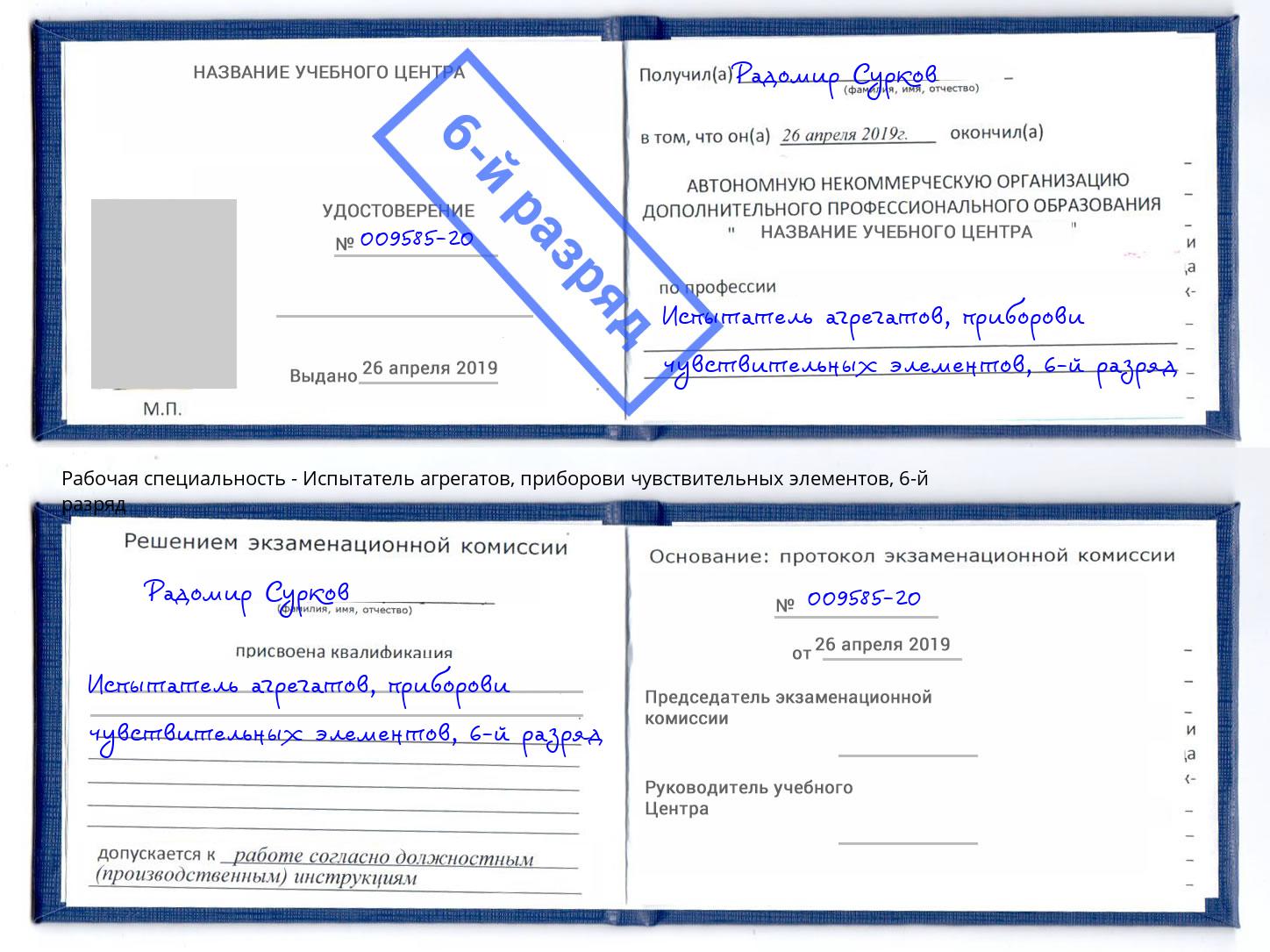 корочка 6-й разряд Испытатель агрегатов, приборови чувствительных элементов Москва