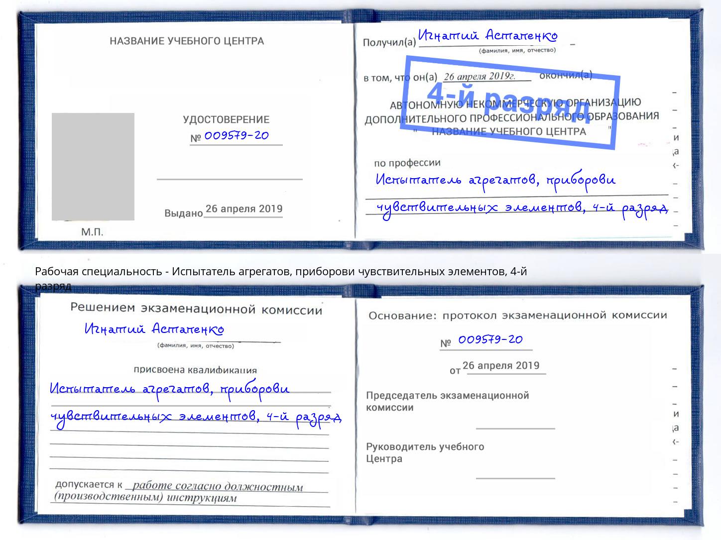 корочка 4-й разряд Испытатель агрегатов, приборови чувствительных элементов Москва