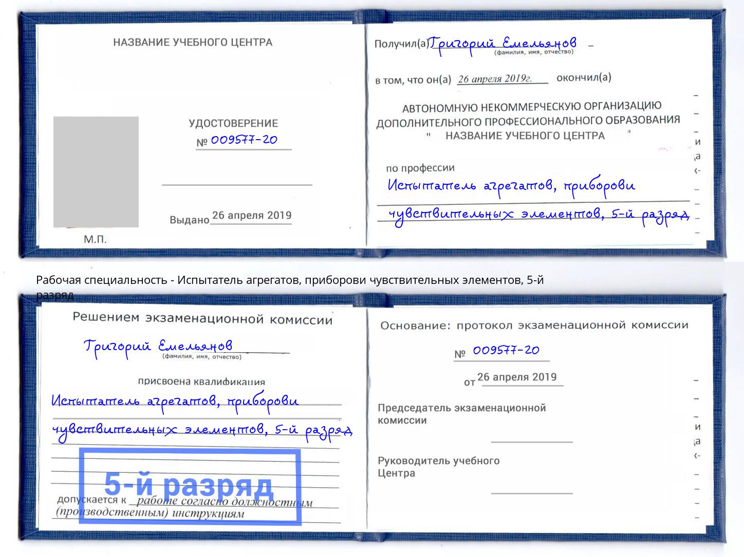 корочка 5-й разряд Испытатель агрегатов, приборови чувствительных элементов Москва