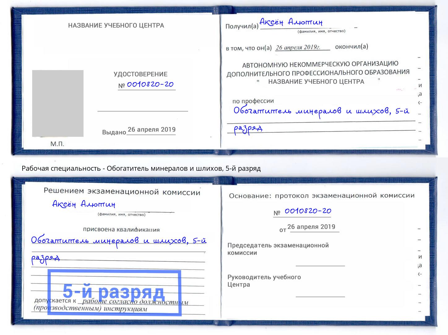 корочка 5-й разряд Обогатитель минералов и шлихов Москва