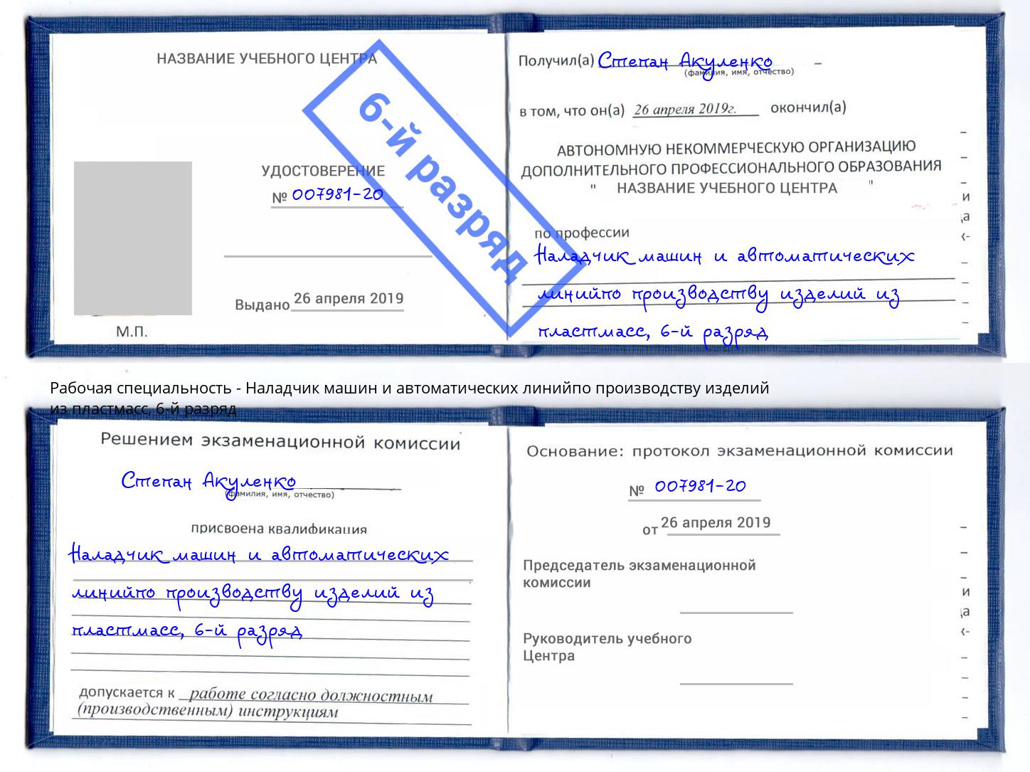 корочка 6-й разряд Наладчик машин и автоматических линийпо производству изделий из пластмасс Москва