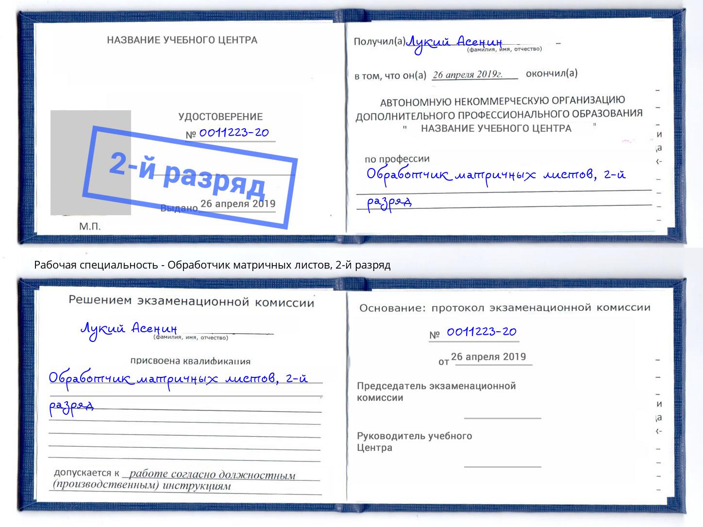корочка 2-й разряд Обработчик матричных листов Москва