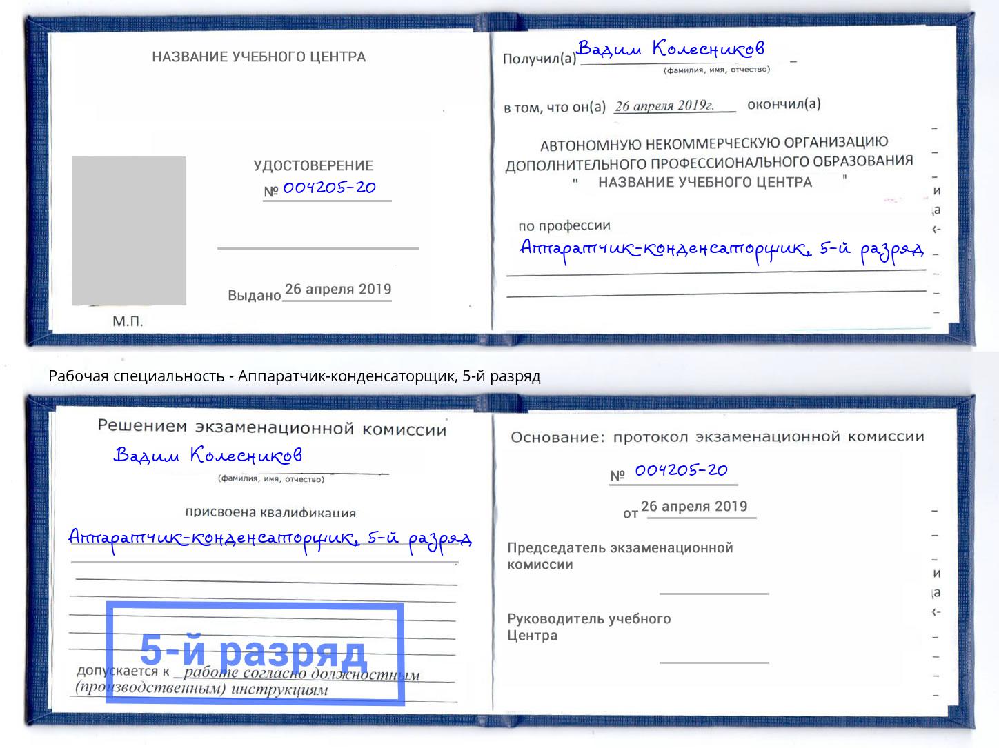 корочка 5-й разряд Аппаратчик-конденсаторщик Москва