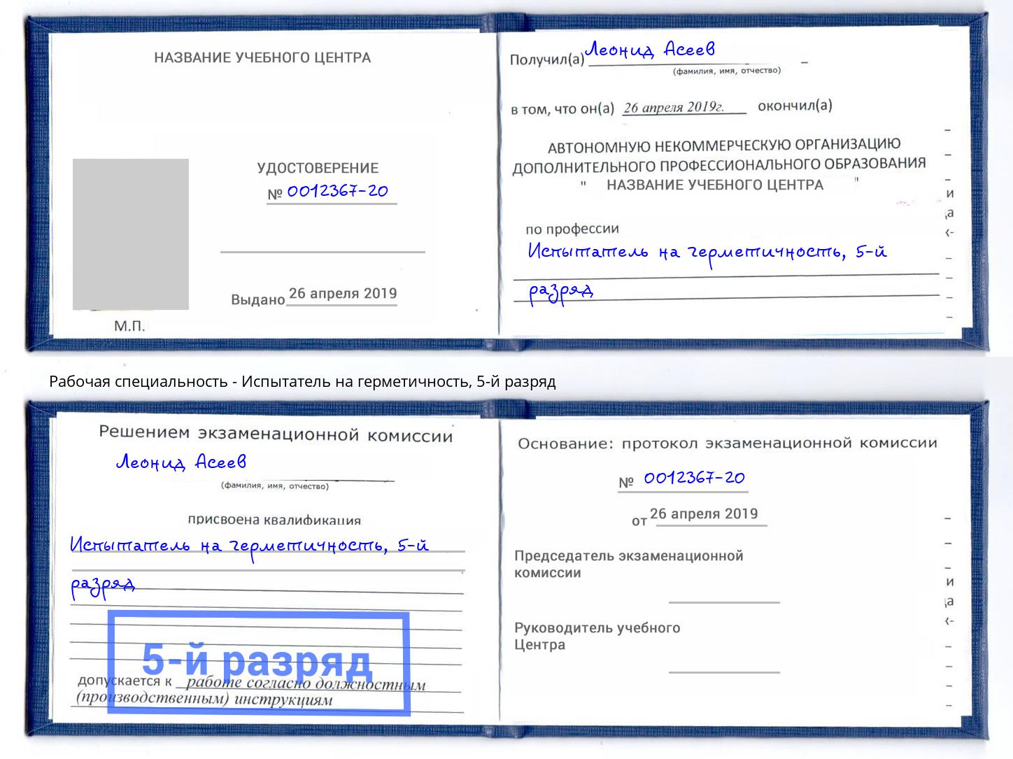корочка 5-й разряд Испытатель на герметичность Москва