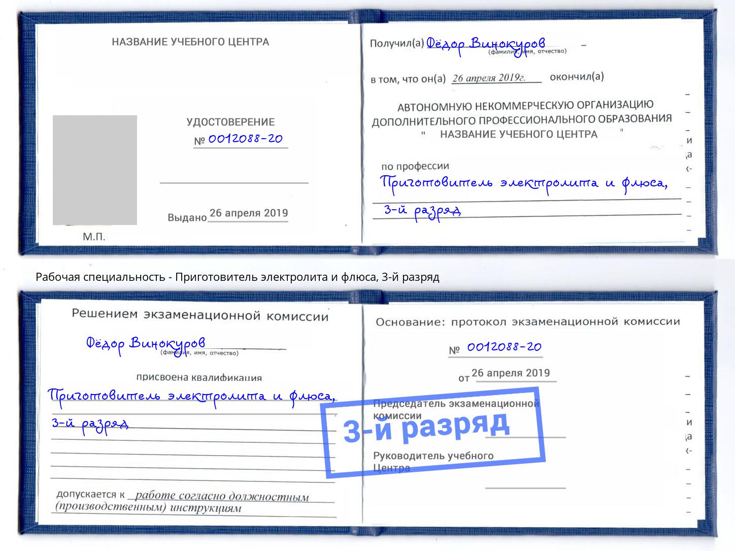 корочка 3-й разряд Приготовитель электролита и флюса Москва
