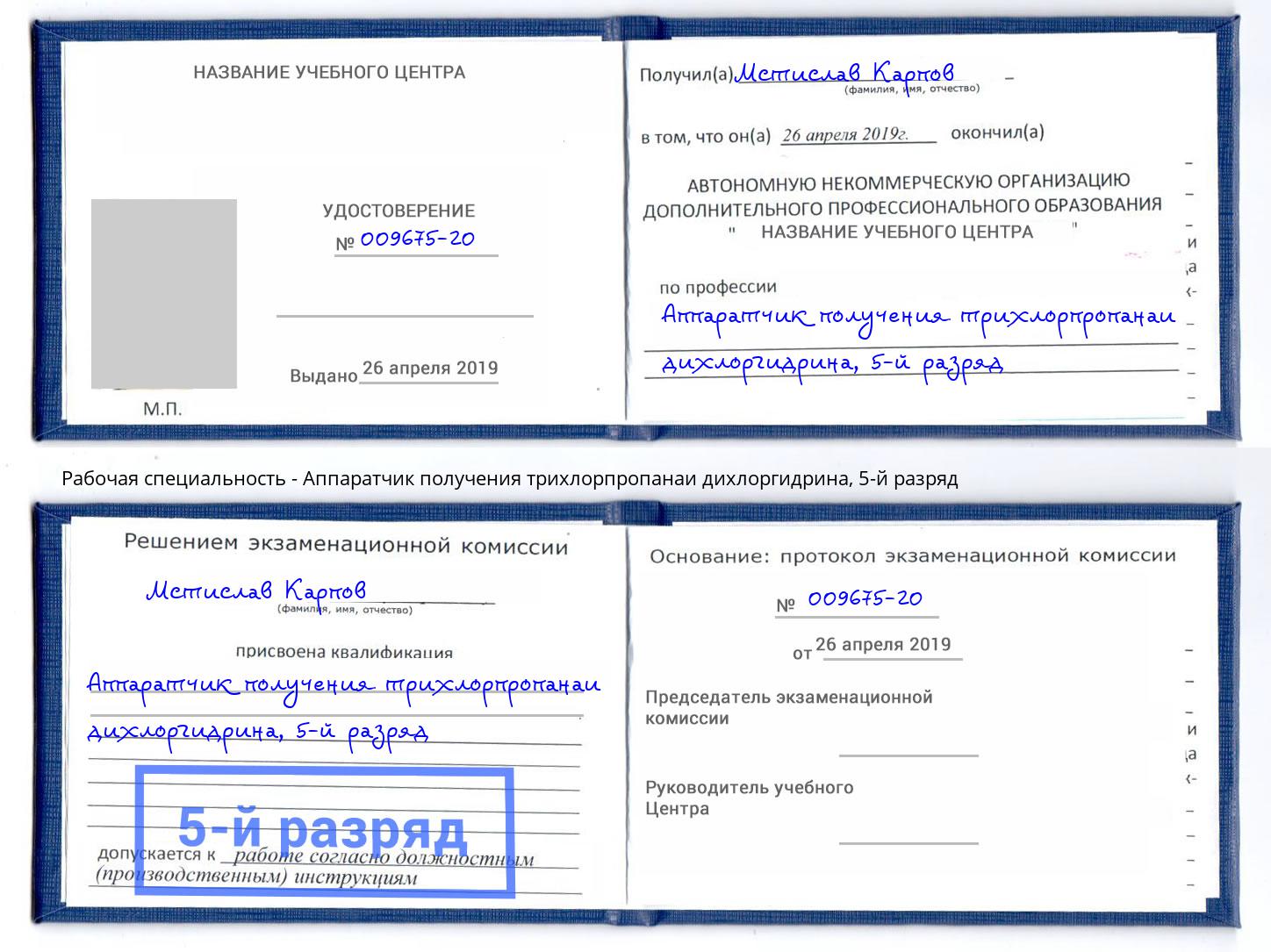 корочка 5-й разряд Аппаратчик получения трихлорпропанаи дихлоргидрина Москва