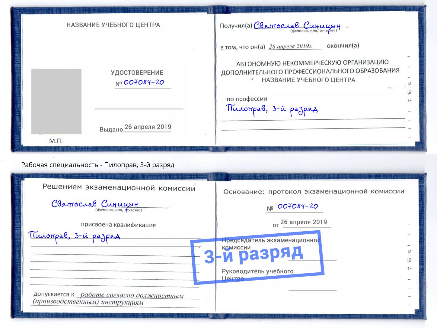 корочка 3-й разряд Пилоправ Москва