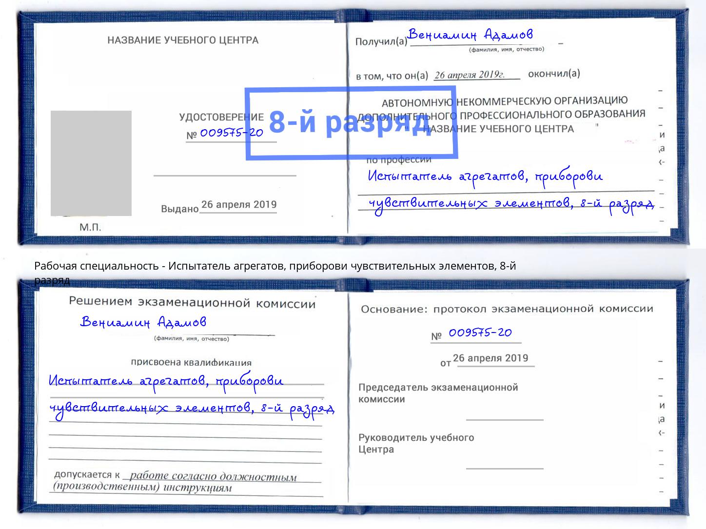 корочка 8-й разряд Испытатель агрегатов, приборови чувствительных элементов Москва